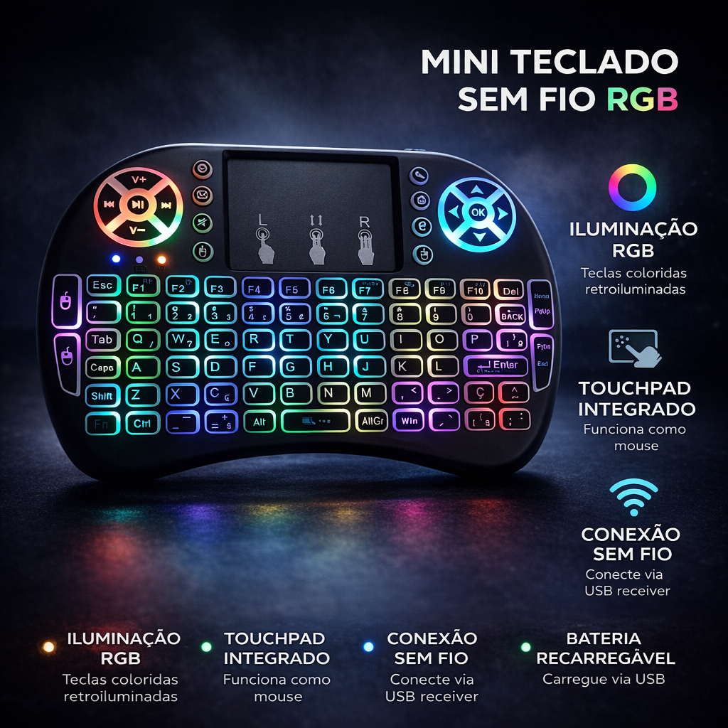 Mini Teclado Wireless Touchpad Tv Box Xbox 360 Ps3 PC Teclado Preto
