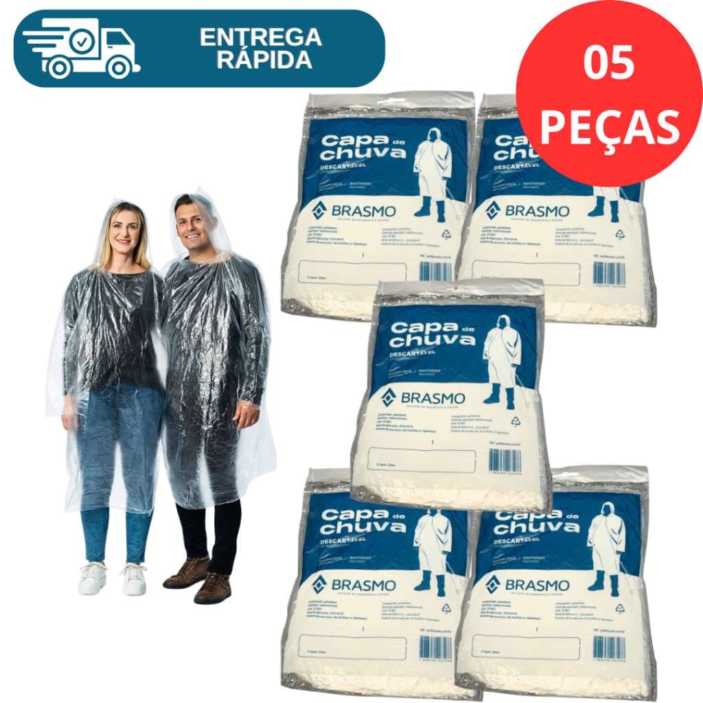 Kit 5 Capa De Chuva Descartável Transparente Incolor Unisex Proteção Eventos Pesca Camping Caminhada