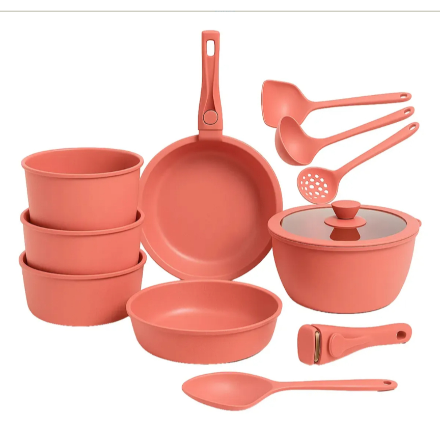 Jogo Panelas Antiaderente 11 Peças ROSA Cerâmica Cabo Removível Colheres Silicone Compacto Cor ROSA - Allegrino