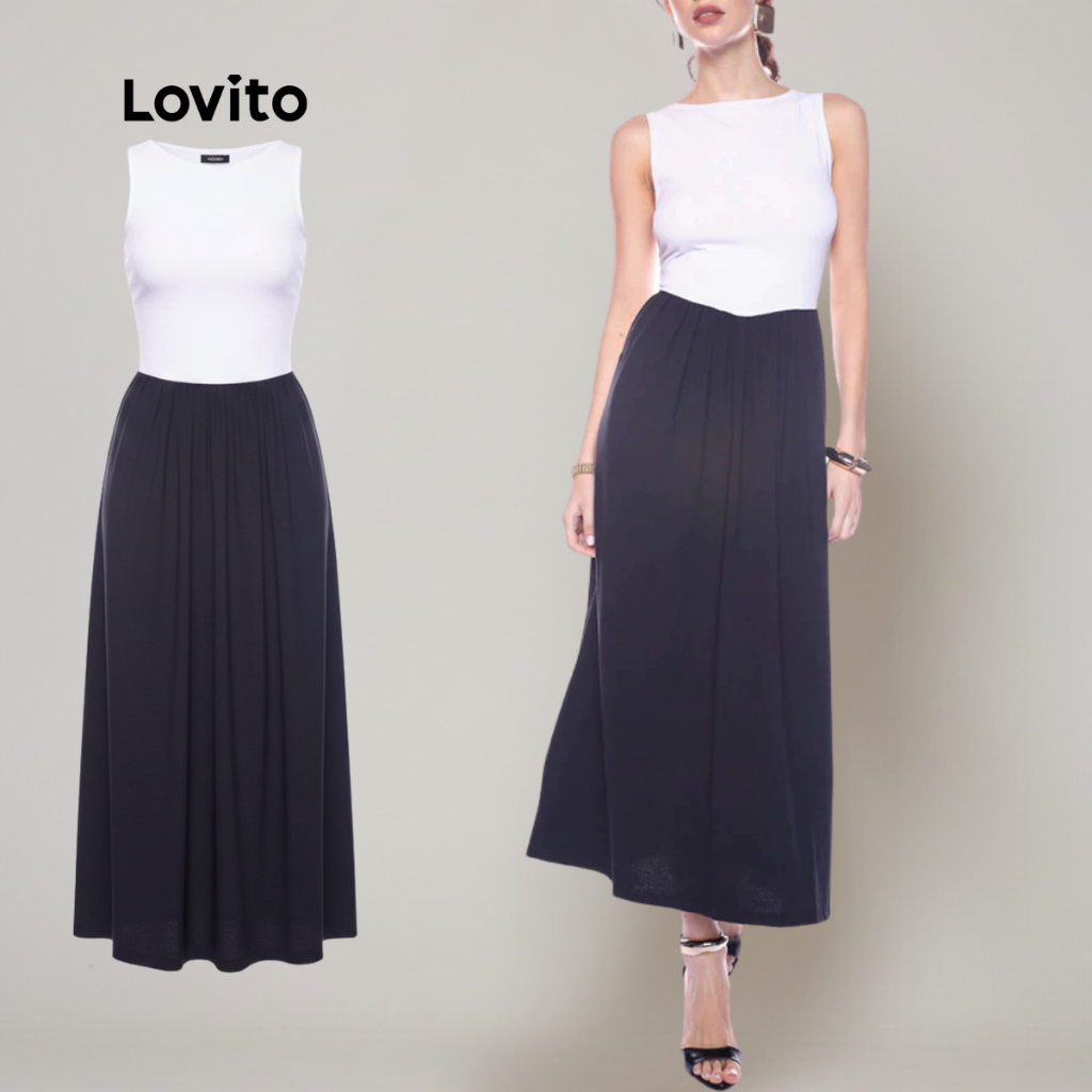 Lovito Vestido Midi Bicolor Longo Moda Modesta Liso Para Mulheres LB817BRL847