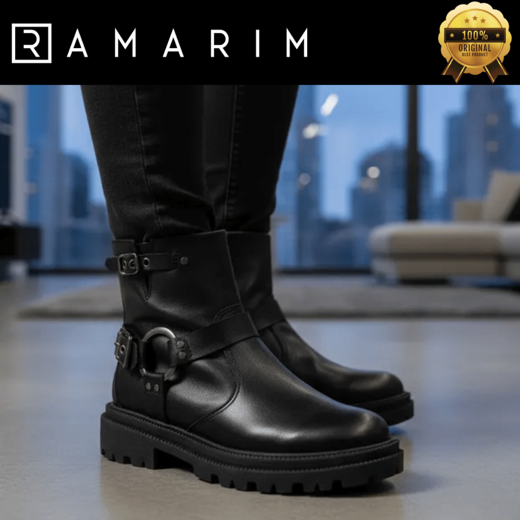 Bota Ramarim Feminina Coturno Cano Médio Solado Grosso Tratorada Bico Redondo Fivela Original