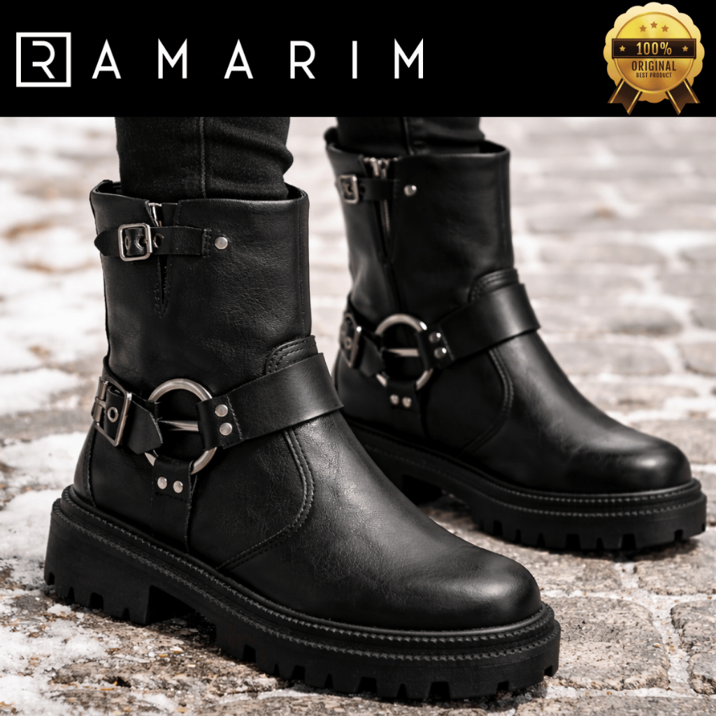 Bota Ramarim Feminina Detalhes Fivelas Argoladas Coturno Sola Tratorada Cano Médio Original