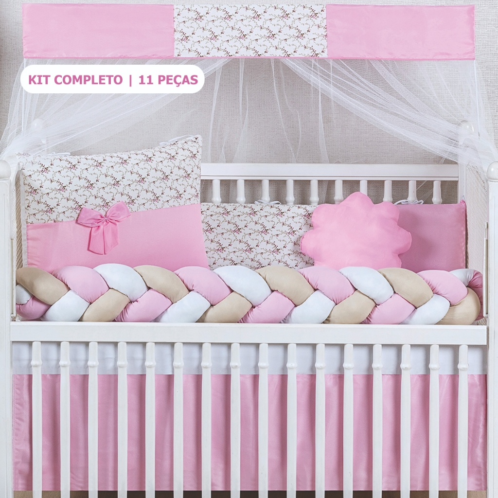 Kit Berço Slim Doce Rosa 11 Peças | Enxoval Completo Padrão Americano