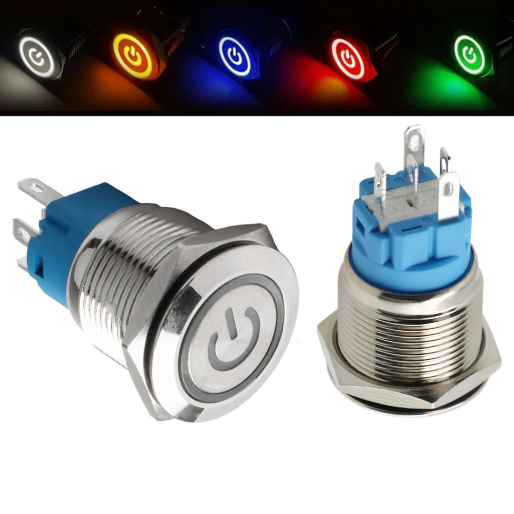 Botão Inox 19mm com LED Símbolo de Power À prova d'água 12-24V On Off Car Switch