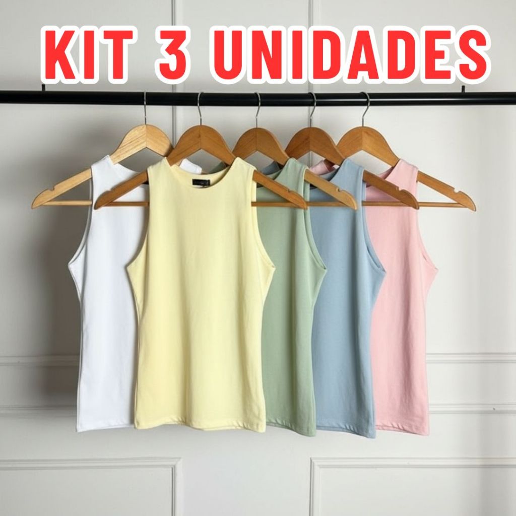KIT 3 Blusinhas Regatas Casual Cores CANDY Basica Suplex Duplo Blusa Feminina Blogueira Tendencia