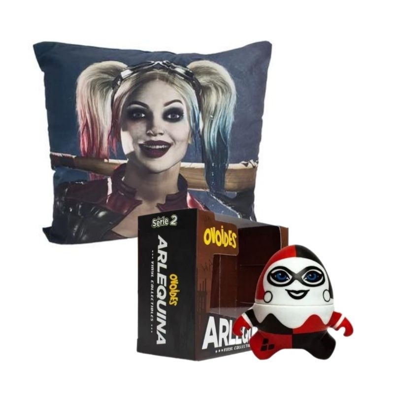 kit boneco ovóide e capa de almofada Arlequina liga da justiça omelete box zona criativa DC comics nerd geek