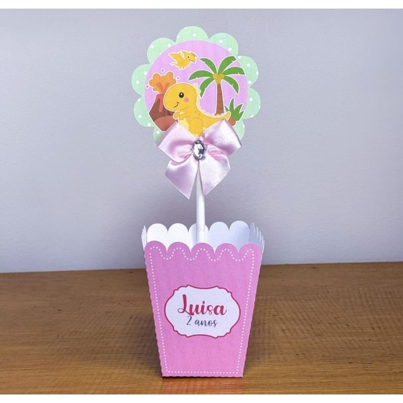 PEGUE E MONTE - Kit Centro de Mesa Cachepô Personalizado Aniversário Caixinhas Dino Dinossauro Menina