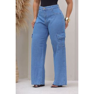 Calça Feminina Wide Leg Cargo Pantalona Cintura Alta  Stillger Jeans em Oferta na Shopee