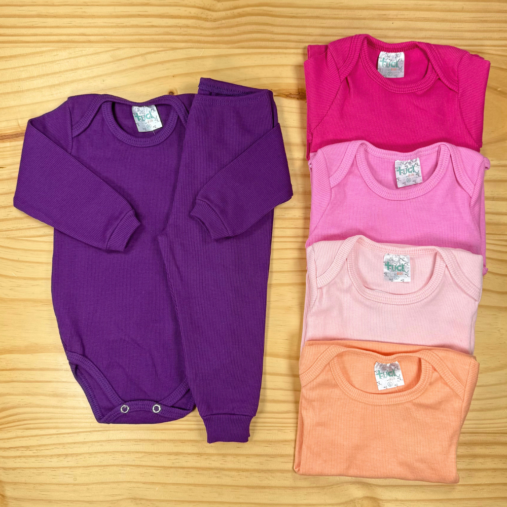 Kit 6 Peças Conjunto Body Manga Longa Canelado + Mijão Liso Canelado Bebê Menina Barato