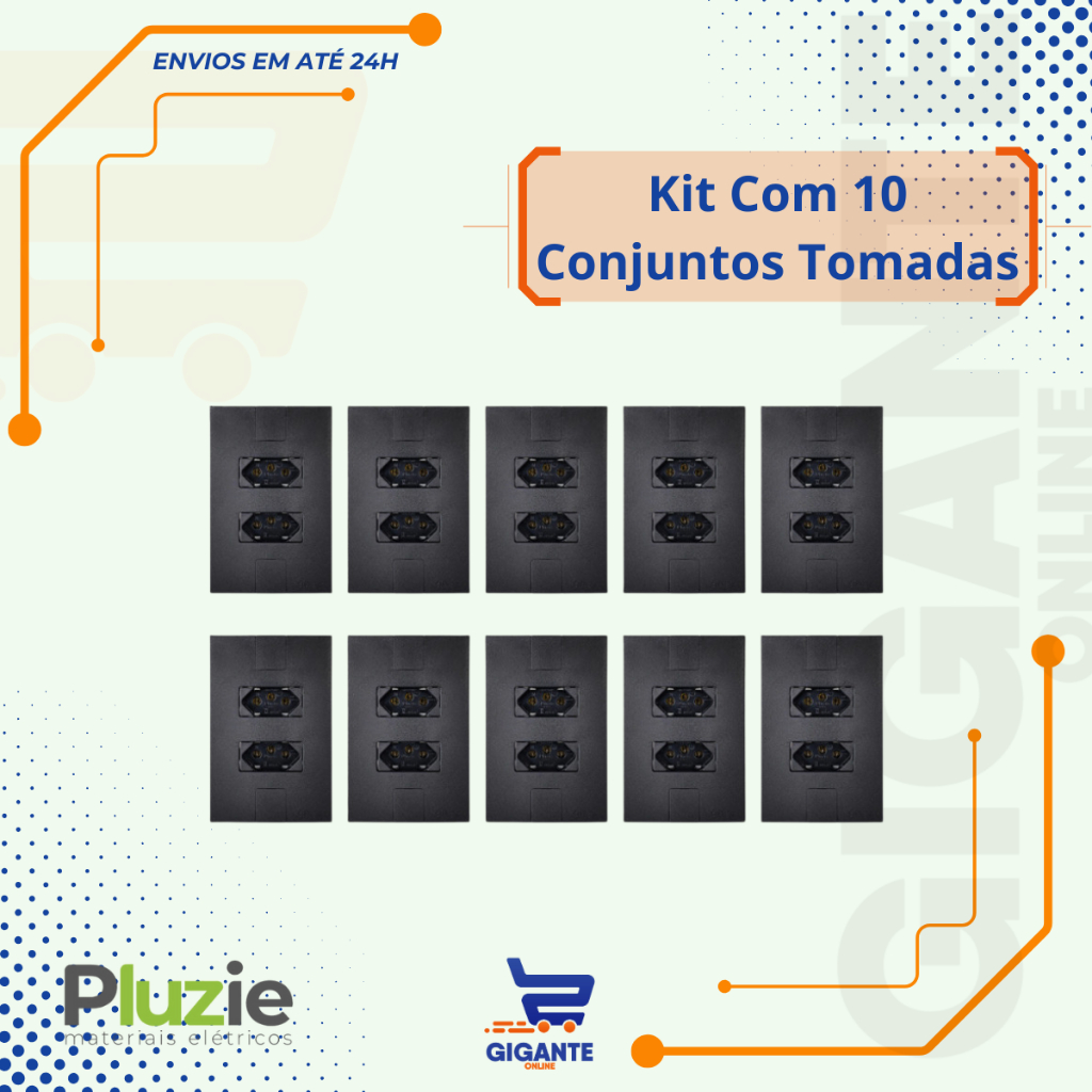 Kit 10 Conjunto Embutir 4x2 Tomada Dupla Preto Fosco 20a Pluzie