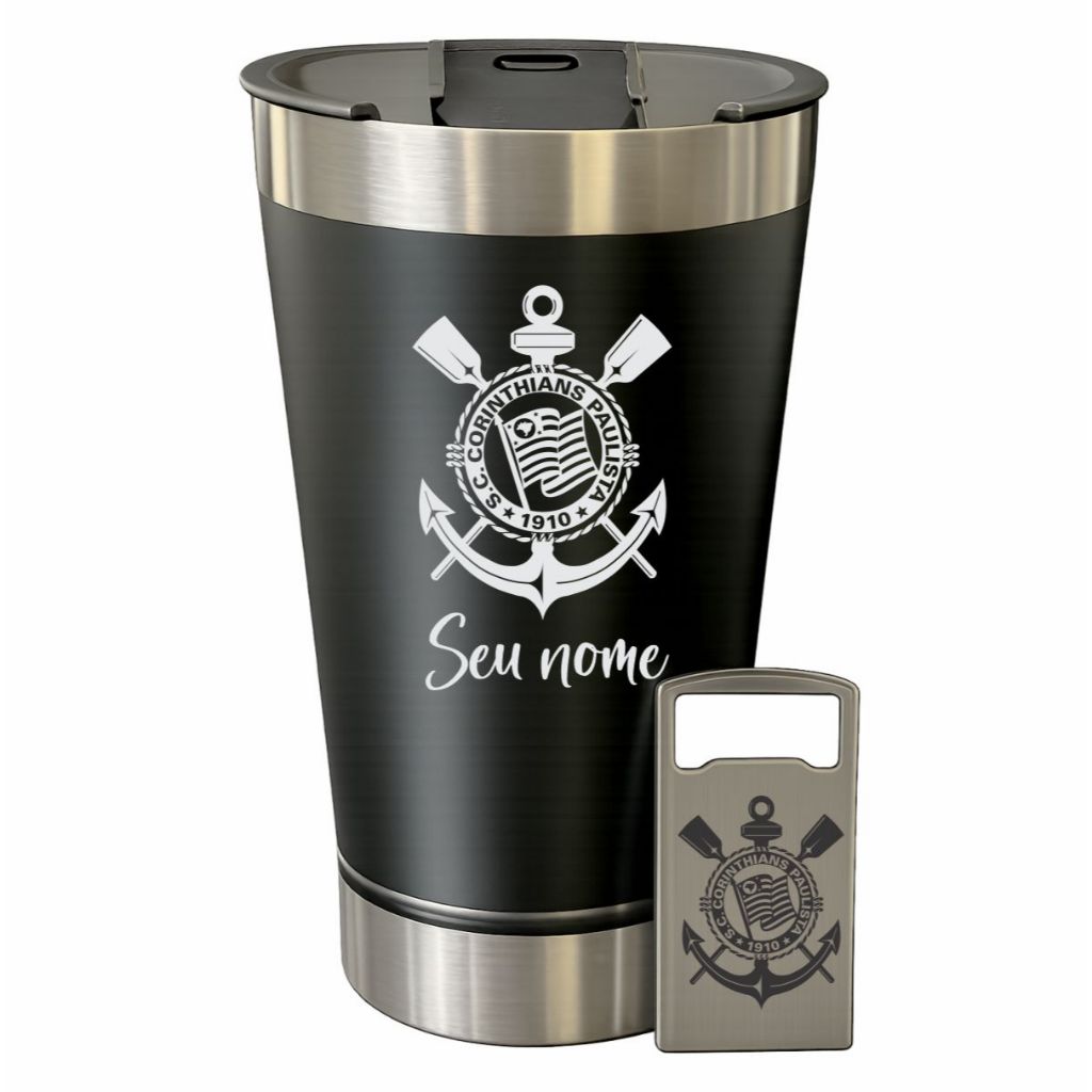 Copo Térmico Corinthians  Timão Personalizado Com Nome Presente Branco/Presente Ideal com tampa e abridor Varios Times