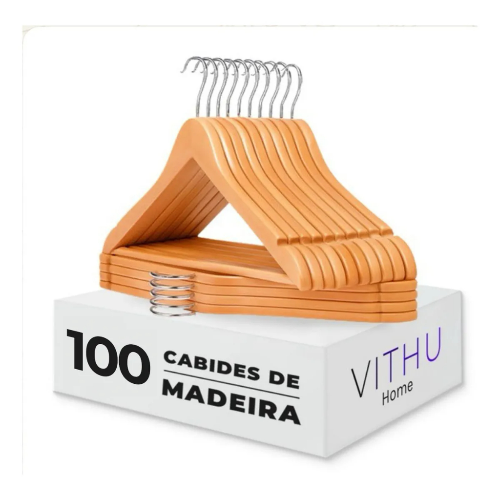 Cabide Madeira Vithu Kit 100 Unidades Envernizado Adulto Marfim Para Camisetas Camisa Roupas Gerais Grande