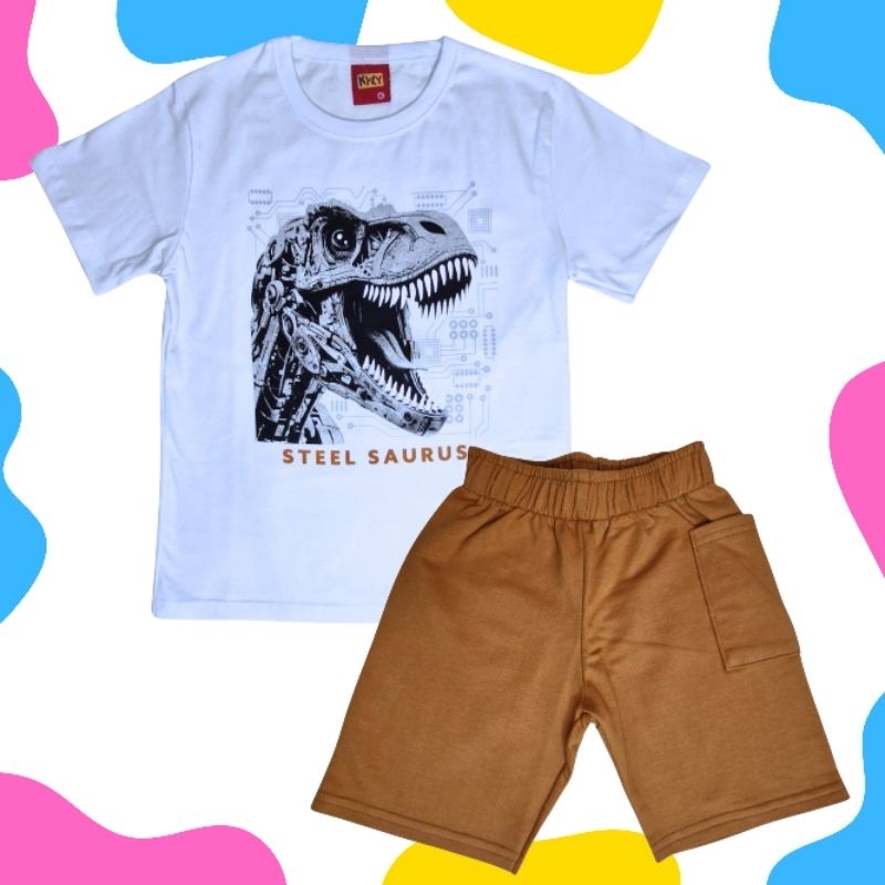 Conjunto Menino Kyly - Camiseta Dinossauro Robô e Bermuda.