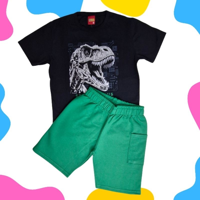 Conjunto Infantil Menino Alakazoo - Camiseta estampa de Dinossauro Robótico e Bermuda em Moletinho.