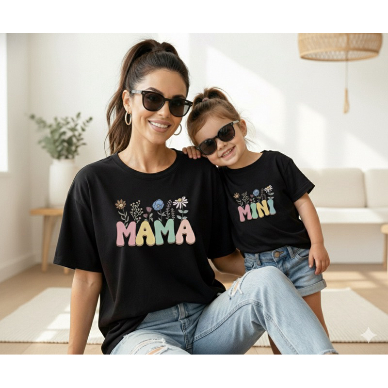 Kit Camiseta Mãe e Filha Mama Mini | Tal Mãe Tal Filha Algodão 100% Estampa Delicada