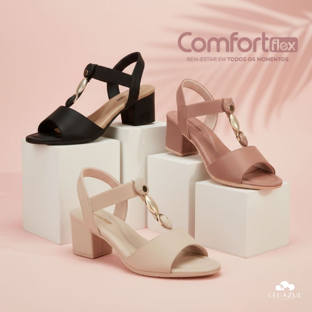 Sandália Comfortflex Salto Médio Elástico Conforto Pedraria Festa em Oferta na Shopee