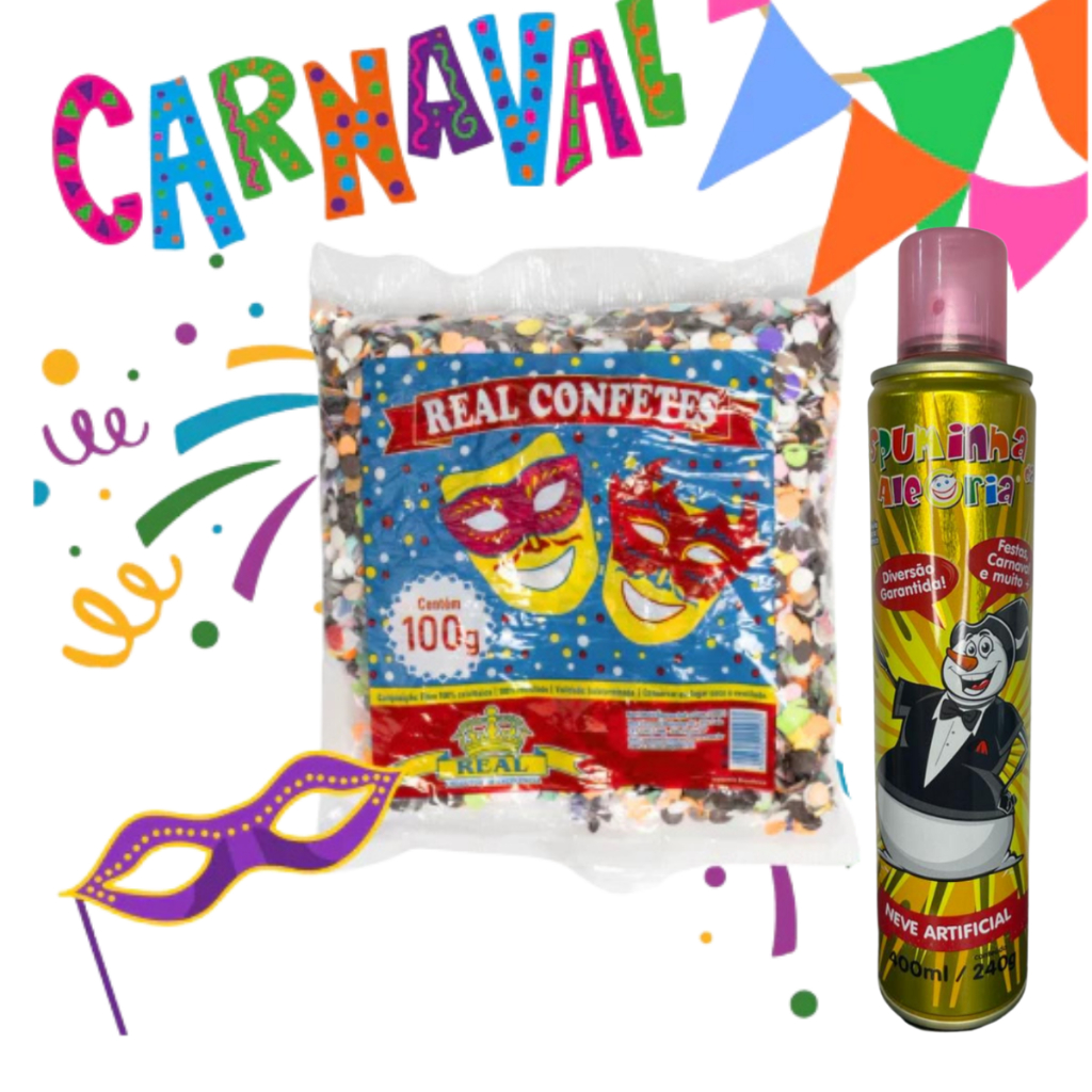 Kit 2 Espuma Spray Neve + 2 Rolos Serpentina Carnaval Folia Crianças Brincadeiras Festa Aniversário