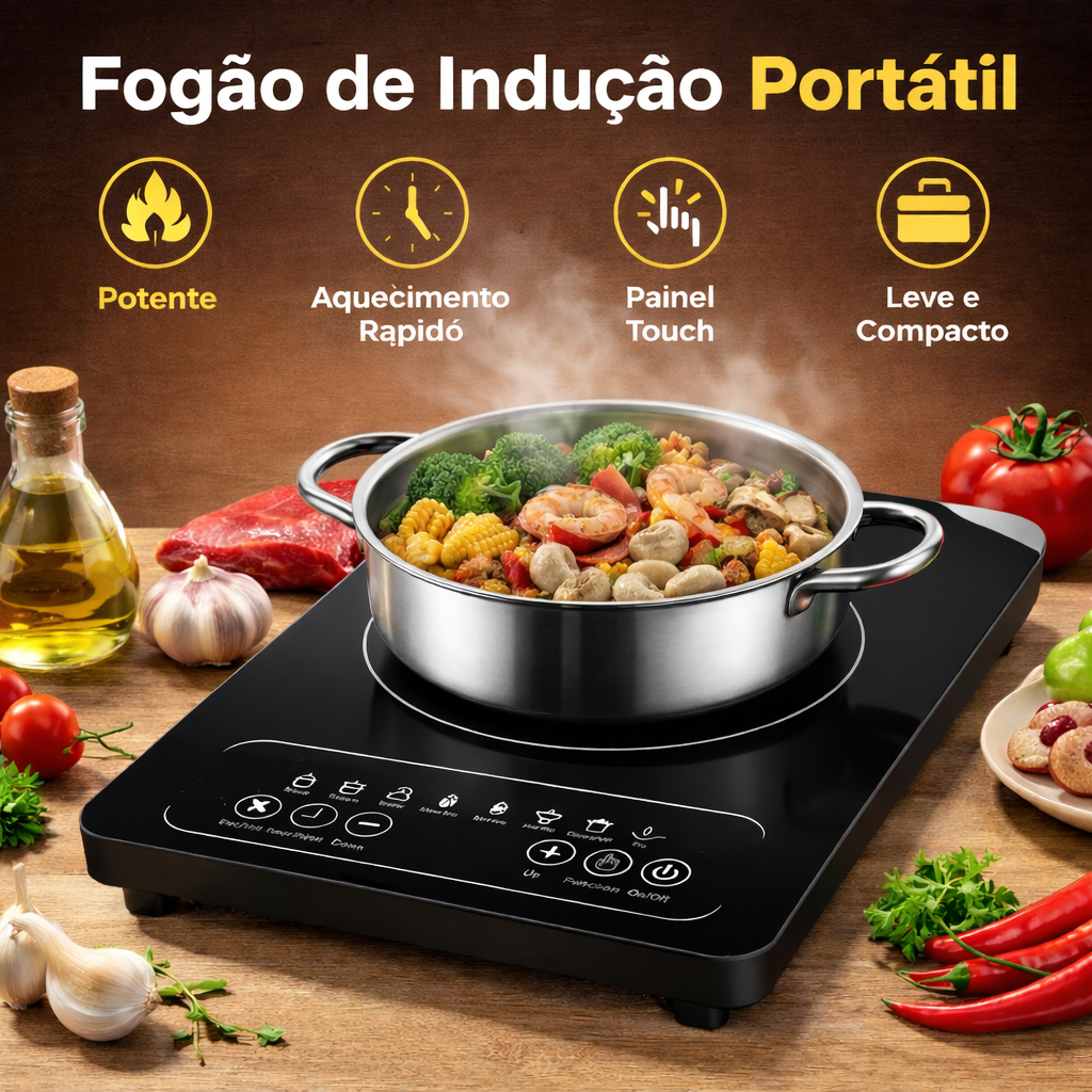 Fogão Cooktop de Indução Portátil Elétrico 110V / 127V e 220V de Bancada Camping Airbnb Pousada kitnet Cozinha Compacto