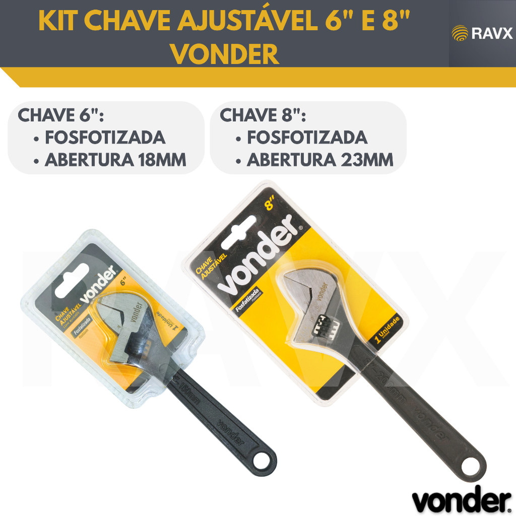Kit Chave Inglesa Ajustável 6” + 8” Vonder – Fosfatizadas – Aço Carbono – Alta Resistência em Oferta na Shopee