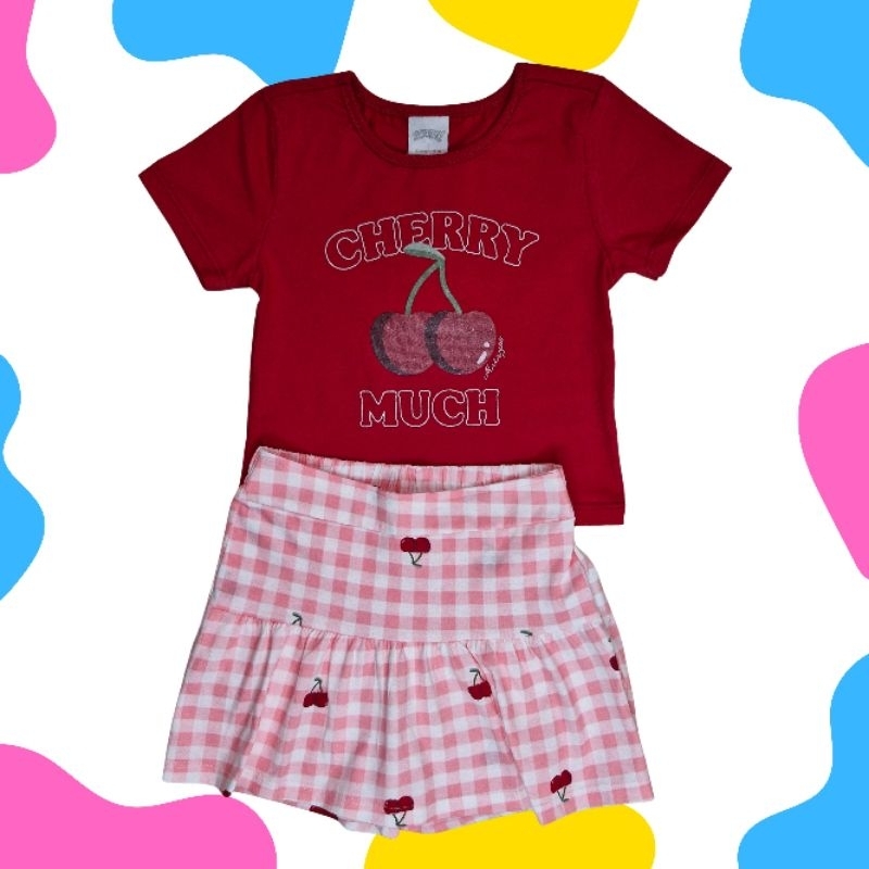 Conjunto Infantil Menina Alakazoo “CHERRY MUCH” Blusinha estampada com Cereja + Shorts Saia com estampa Xadrez e Cerejas