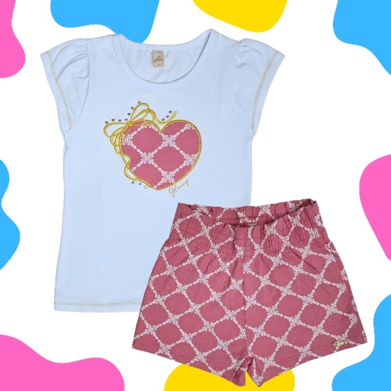 Conjunto Infantil Menina Boca Grande - Blusa com estampa de Coração e Short Estampado