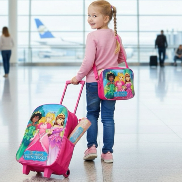 Kit Mochila Infantil Escolar Menina 3 Peças Tema Princesas Lancheira Estojo Mochila com Rodinhas Impermeável Escolar