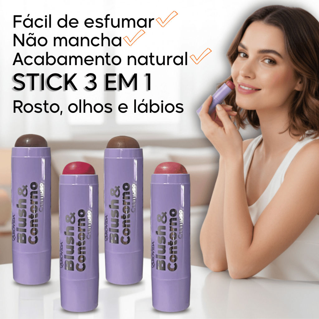 Blush Contorno Bastão Stick 4 em 1 Boca Sombra Rosto Contorno Arovida Cremoso Natural Pigmentado