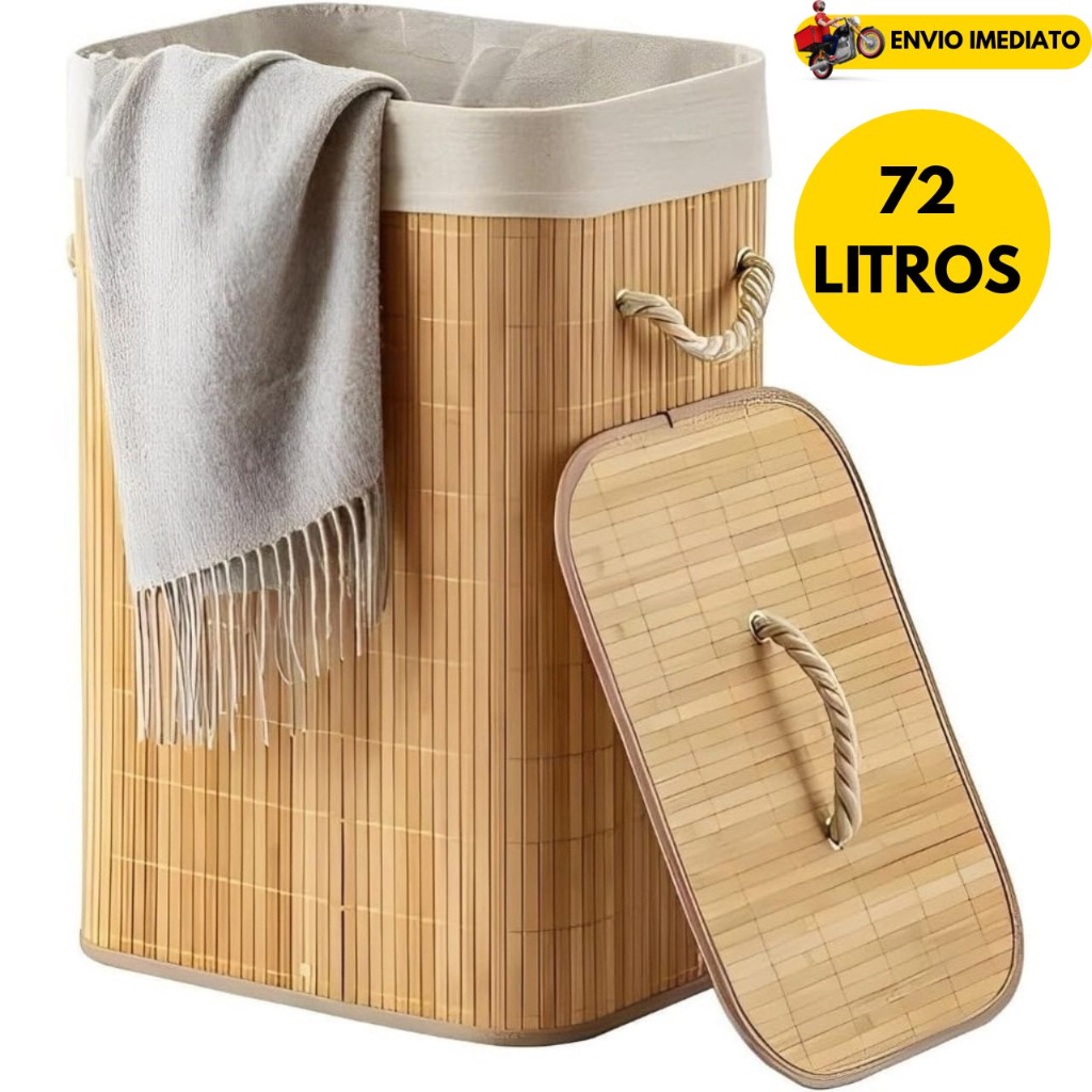 Cesto De Roupa Suja Bambu 72 Litros Dobravel Organizador Forrado Banheiro 60cm Grande Cesto Retangular Lavanderia