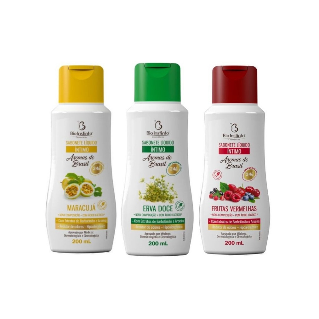 Kit c/ 3 Sabonetes Líquido Íntimo Aromas do Brasil Erva Doce, Frutas Vermelhas e Maracujá Bio Instinto 200ml