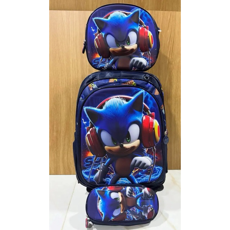 Mochila Sonic de Carrinho Escolar De Rodinha Sonic The Hedgehog Lancheira Térmica Estojo Volta As Aulas Infantil