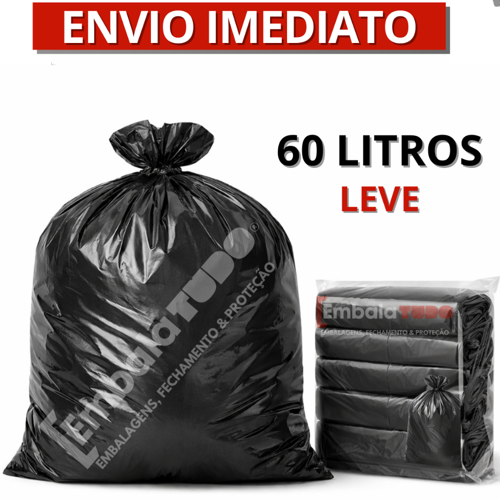 Saco de Lixo Leve 60 Litros Preto pacote com 100 unidades - Ideal para Lixo de Banheiros em Oferta na Shopee