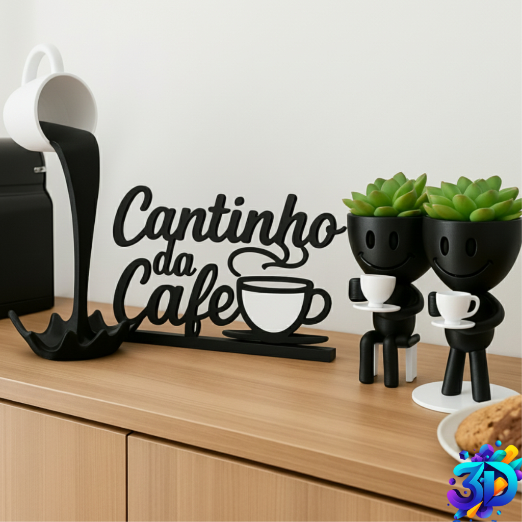 kit cantinho do café com xícara flutuante e bob com as plantas