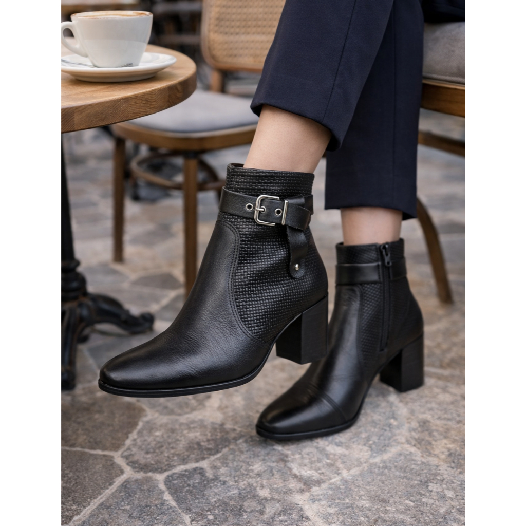 Bota Feminina Preta em Couro Tressê Salto Médio Elegante Confortável para Trabalho, Inverno e Dia a Dia Envio Imediato