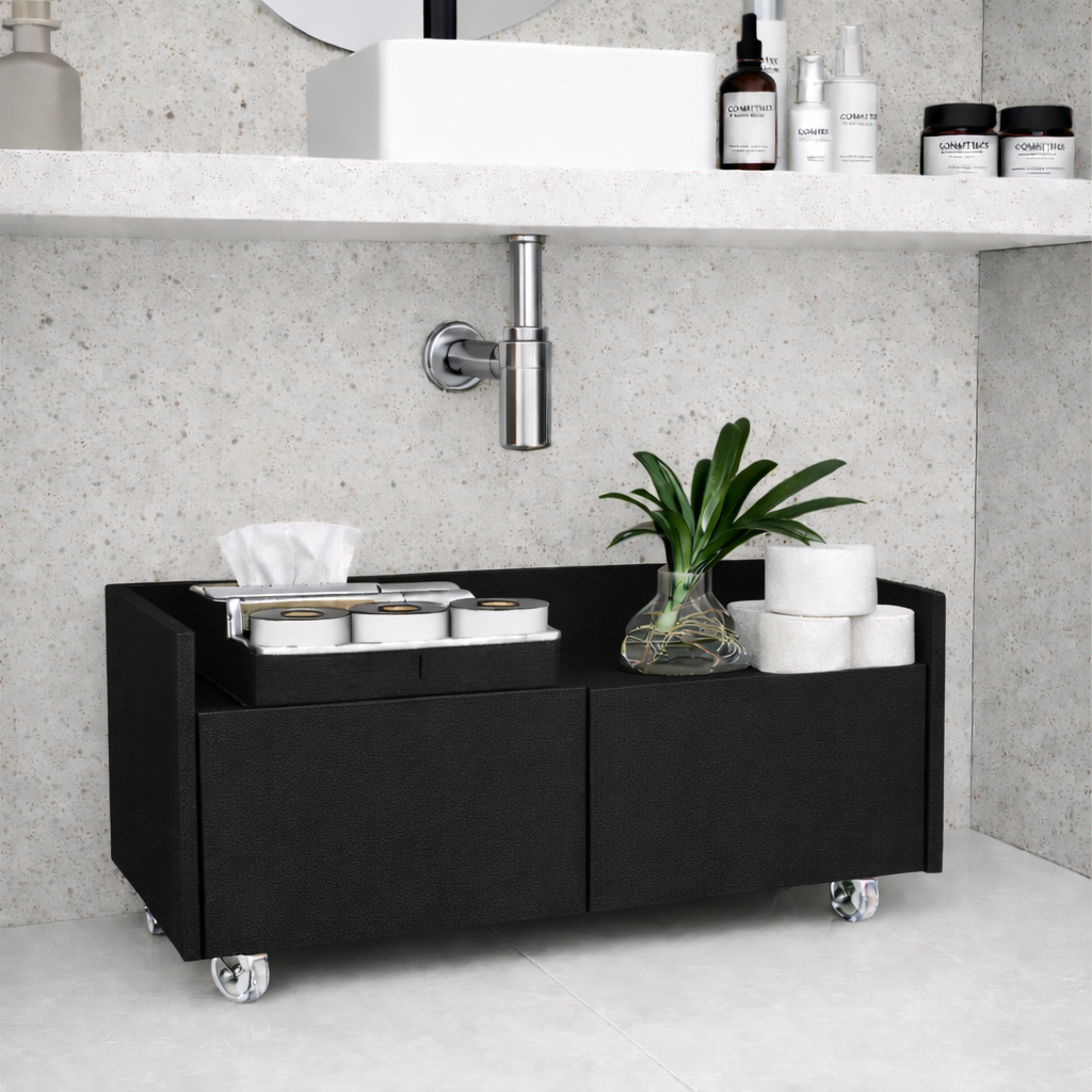 Balcão Gabinete de Banheiro com Rodízio Preto Minimalista 60cm