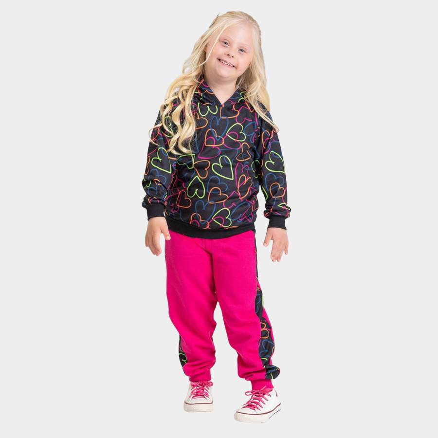 Conjunto Inverno Menina Blusão com Capuz e Calça com Recortes em Moletom Corações