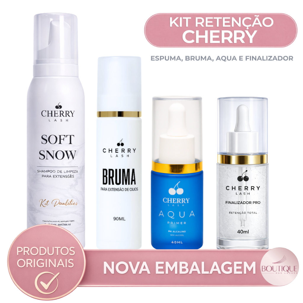 Kit Retenção Para Extensão de Cílios Cherry Lash - Espuma, Bruma, Aqua e Finalizador
