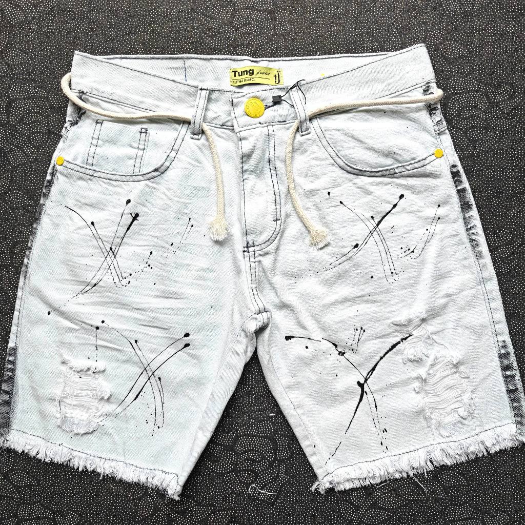(Novos modelo)Bermuda shorts jogador rasgados curta curtinha corda cinto branco com pintura vinco em Oferta na Shopee