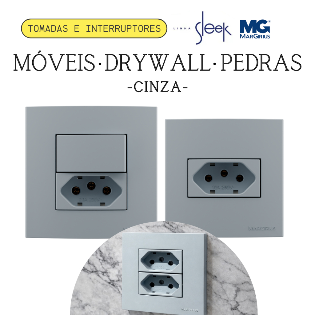 Conjunto Tomada Sleek Cinza Para Móveis Planejados Cozinha Escritório Bancadas Conjunto Interruptor Tecla Margirius