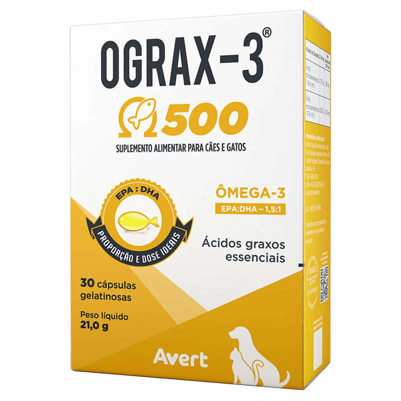 Ograx 500 mg Omega-3 Avert Para Cães E Gatos 30 Capsulas