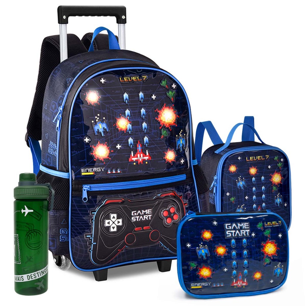 Kit Mochila Gamer Escolar Meninos Rodinhas Video Game Meninos Carrinho Escolar Pro