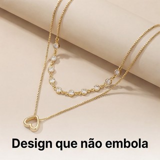 Colar Feminino Banhado a Ouro 18K Duplo Coração com Zircônia Não Escurece Luxo//Elegante Diário