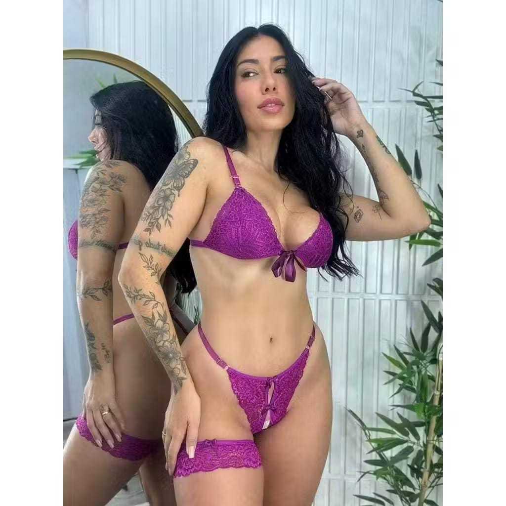 Conjunto Lingerie Renda Com Perneira Calcinha e Sutiã Sensual Premium