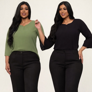 Kit 2 Blusas Femininas Manga Flare Botões Look Elegante  Confortável Viscolinho em Oferta na Shopee
