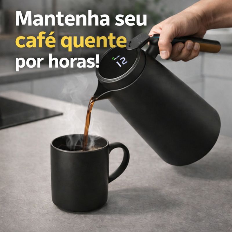 Jarro Garrafa de Café e Chá Térmica 1L com Termômetro Digital cabo de madeira