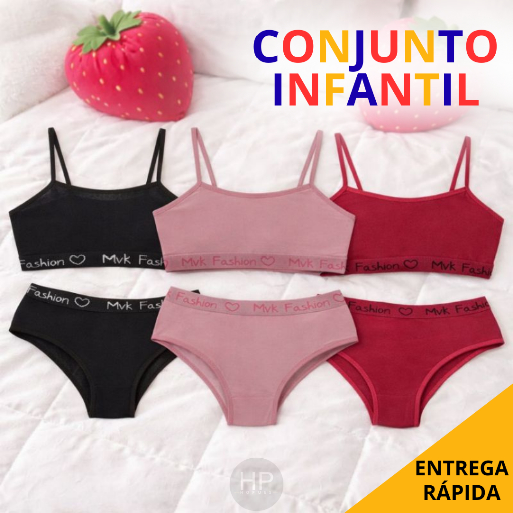 Kit 2/3/5 Conjunto Calcinha e Sutiã Sem Bojo Infantil Liso Algodão Sortido em Oferta na Shopee