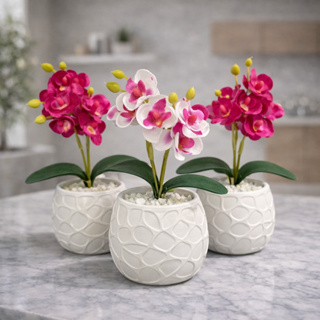 Vasos Decorativos com Orquídea Artificial em Gesso Cerâmico Branco para Sala, Escritório, Casa, Apartamento Decoração em Oferta na Shopee