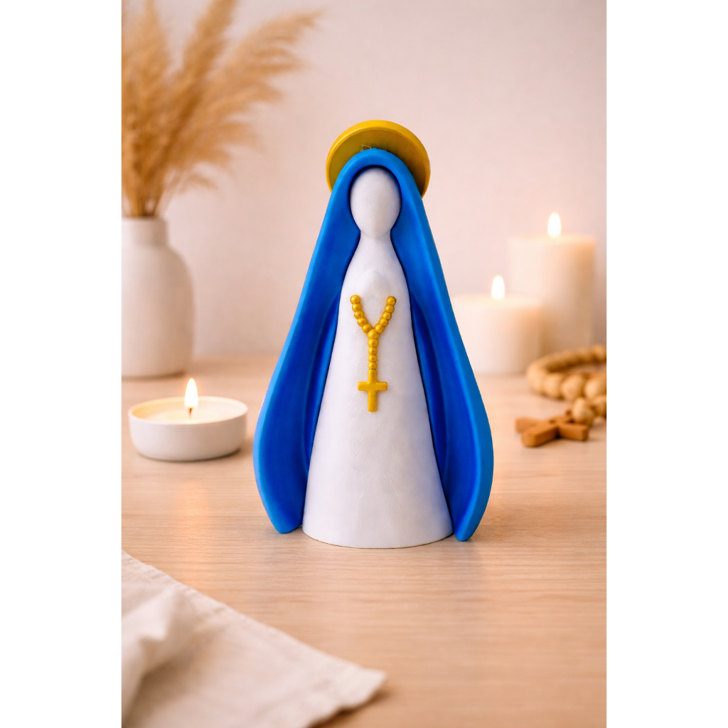 Escultura Decorativa Nossa Senhora com Manto Azul e Halo Dourado
