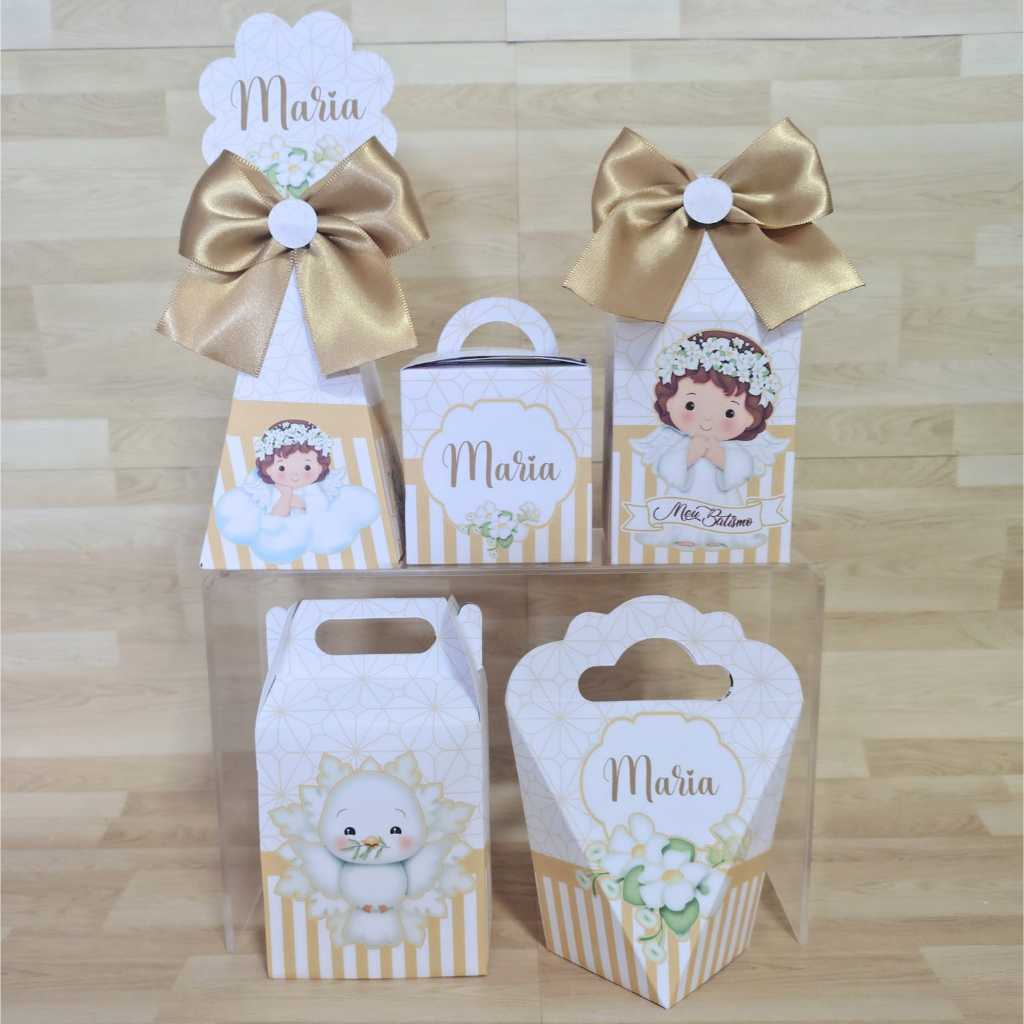 PEGUE E MONTE Kit Caixinhas Personalizadas para Festa Batizado Menina Branco e Dourado Lembrancinhas de Batizado