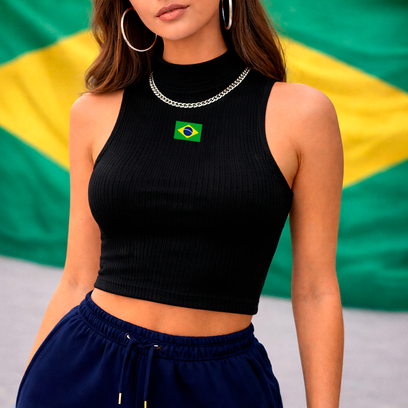 Cropped Gola Alta Canelado Regata Blusa Feminina BANDEIRA DO BRASIL Moda Verão Blusinha Feminino Plus size P ao G1