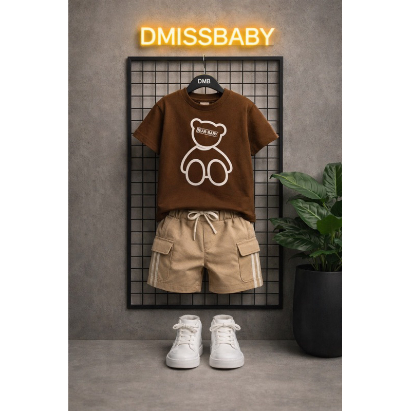 Conjunto Infantil Menino Juvenil Blogueirinho Estiloso do 2 ao 12 anos | BERMUDA David bege+camisa marrom urso contorno